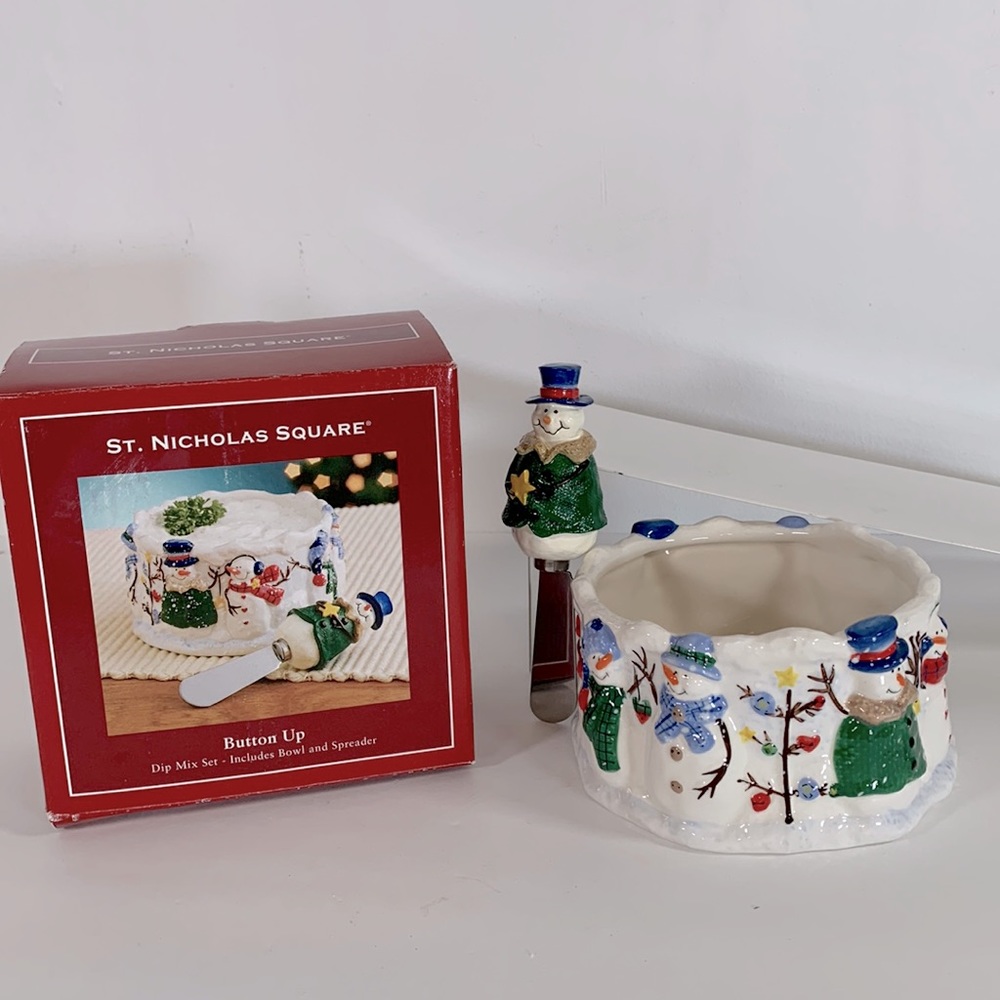 St. Nicholas Square Button Up Holiday Snowman Dip Mix Set Ceramic Bowl Spreader
